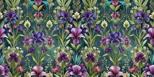 Vibrant floral pattern featuring purple irises and various greenery.