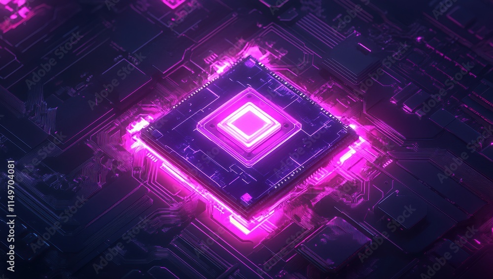 Neon Glowing Circuit Board: Processor's Core Illuminated with Vibrant Pink and Purple Light, Detailed Computer Technology Close-Up. Neon Glowing Circuit Board: Processor's Core Illuminated with Vibrant Pink and Purple Light, Detailed Computer Technology Close-Up.