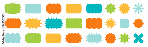 Zig zag wavy shape frames. Vector rectangular and round abstract clouds, flowers and text boxes. Scallop edge kids geometric stamps. Flat jagged oval shapes set. Groovy kids graphic wiggly backgrounds