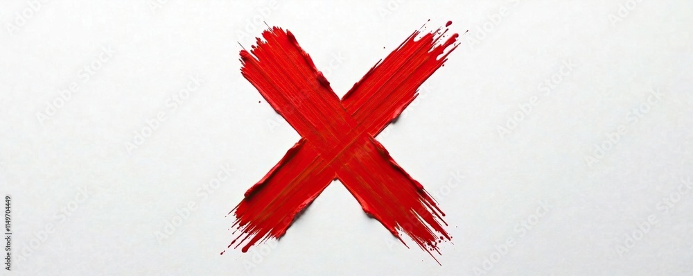 Obraz premium A vibrant red X mark splattered across a pristine white surface using thick and textured brush strokes, vibrant red, graphic element