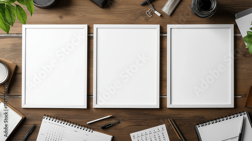 Three White Large Photo Frames on Wooden Table with Office Supplies - Top View