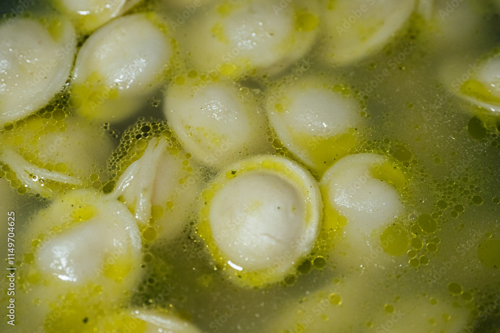 Close-up of dumplings floating in a golden, oily broth, highlighting their soft texture and warm, comforting appeal. Perfect for traditional or hearty meal themes. Close-up of dumplings floating in a golden, oily broth, highlighting their soft texture and warm, comforting appeal. Perfect for traditional or hearty meal themes.