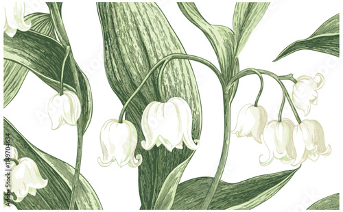 Elegant white bell-shaped flowers of Lily of the Valley in an intricate sketchy engraving style, with fine details of green leaves and delicate petals.