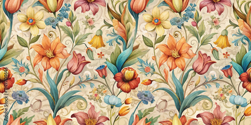 Vibrant floral pattern featuring diverse flowers in warm colors on a soft background.