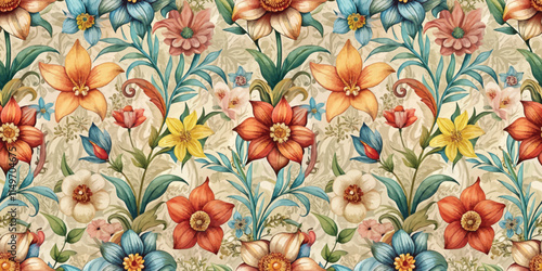 Colorful floral pattern with orange, blue, and yellow flowers on a soft beige background.