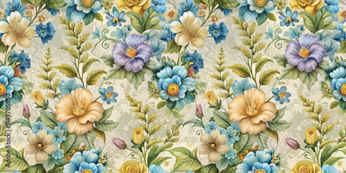 Colorful floral pattern featuring vibrant blooms and greenery.