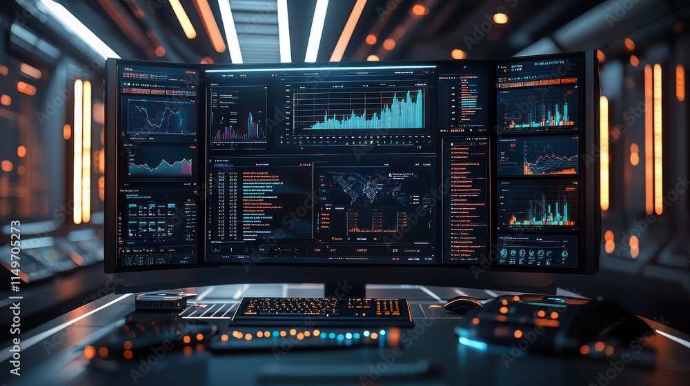 A professional virtual workspace in a high-tech setting featuring screens managing finances, data analytics, and collaborative documents A professional virtual workspace in a high-tech setting featuring screens managing finances, data analytics, and collaborative documents