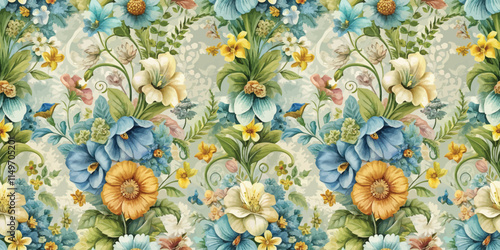 Vibrant floral pattern with colorful flowers and lush greenery.
