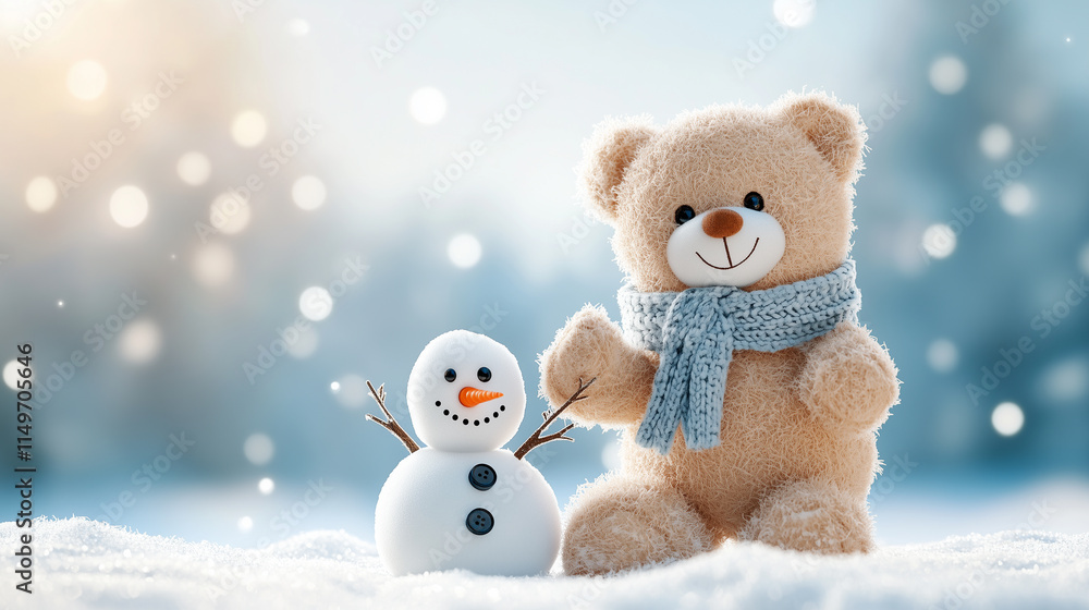 A chubby teddy bear building a snowman, A chubby teddy bear building a snowman,