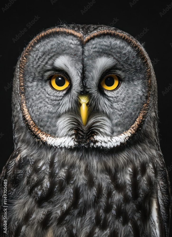 Obraz premium Majestic great grey owl portrait against black background.