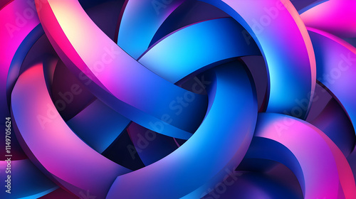 3D abstract background with interlocking geometric shapes, glowing neon edges, and vibrant gradients of blue, purple, and pink, creating a dynamic and futuristic atmosphere
