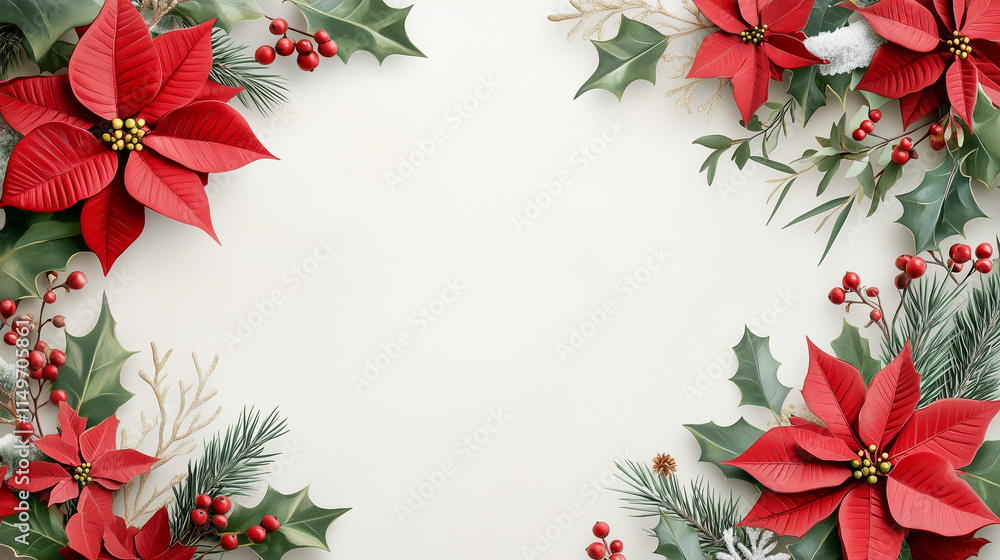 Festive Christmas frame with vibrant red poinsettias Festive Christmas frame with vibrant red poinsettias