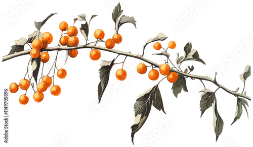 Vintage botanical illustration featuring a bittersweet vine with vibrant orange berries, ideal for evoking the essence of autumn and winter seasonal themes photo