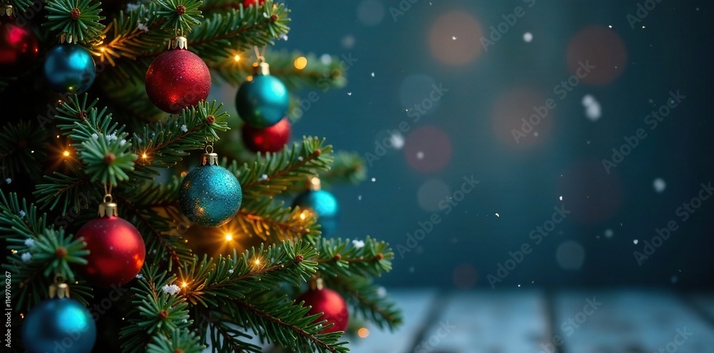 Naklejka premium Beautifully lit pine tree with colorful Christmas ornaments hanging from its branches, snowflake pattern, evergreen tree, festive decorations