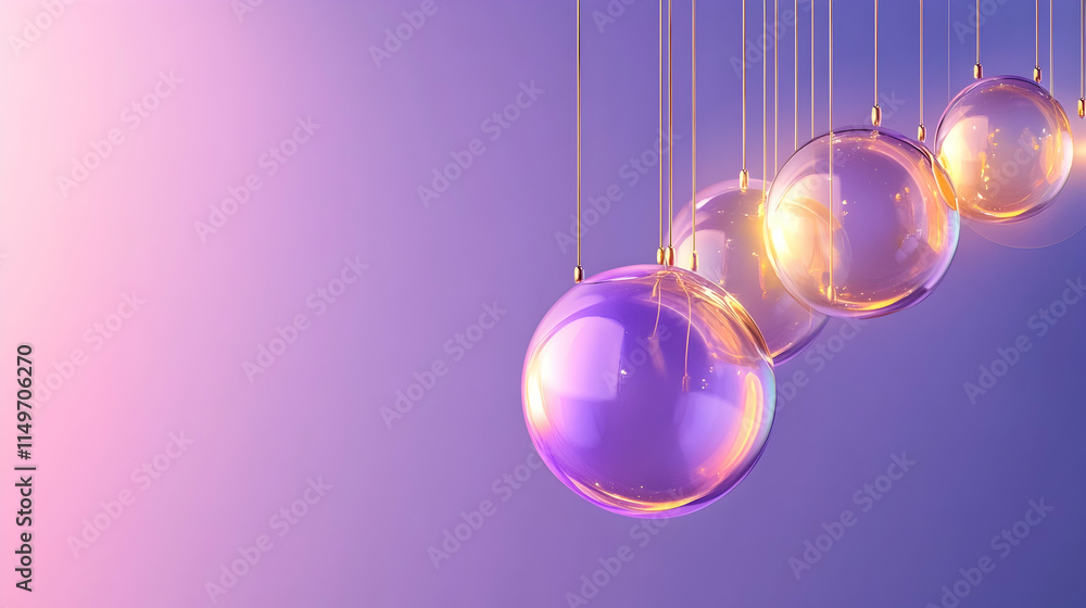 Fototapeta premium 3D abstract background with suspended glass-like spheres refracting light in hues of purple and gold, set against a soft, dark gradient