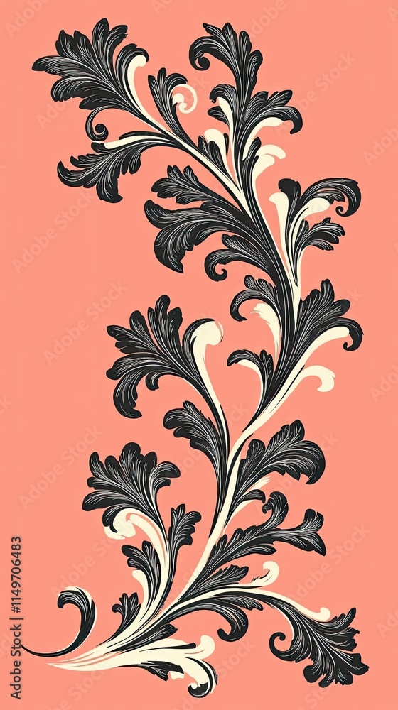 Elegant Black And Cream Floral Design On Coral Elegant Black And Cream Floral Design On Coral