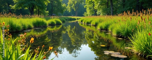 Beaver built pond in the middle of a sedge meadow, biodiversity hotspot, marshy environment, ecosystem balance photo