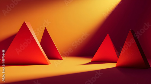 3D abstract composition with floating triangular shapes in deep red and amber, casting sharp, dramatic shadows across a minimalistic environment