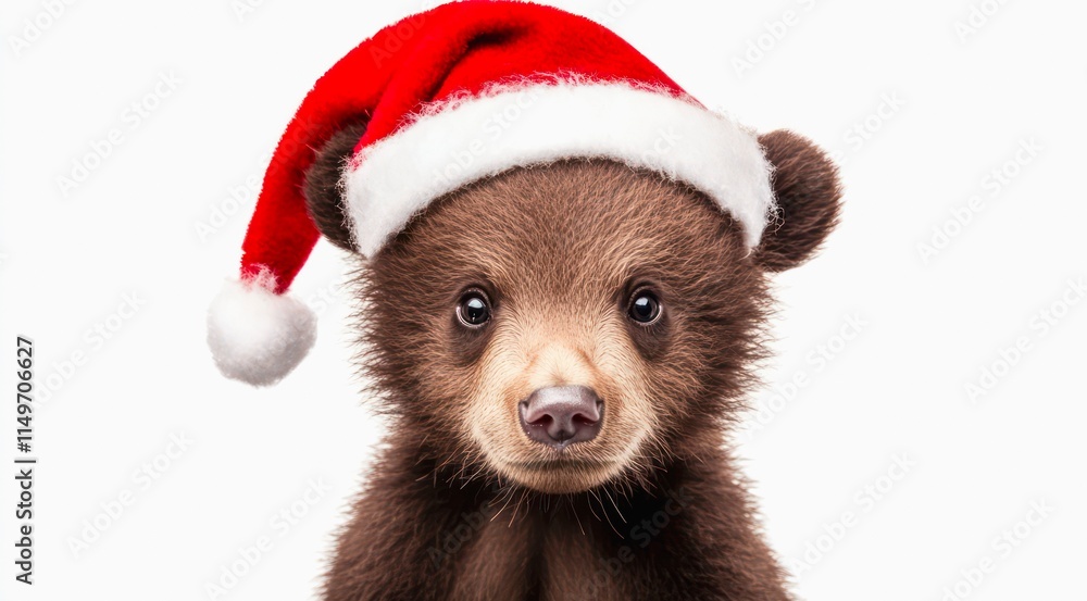 Brown little bear wearing Santa Claus red hat on white background. Brown little bear wearing Santa Claus red hat on white background.