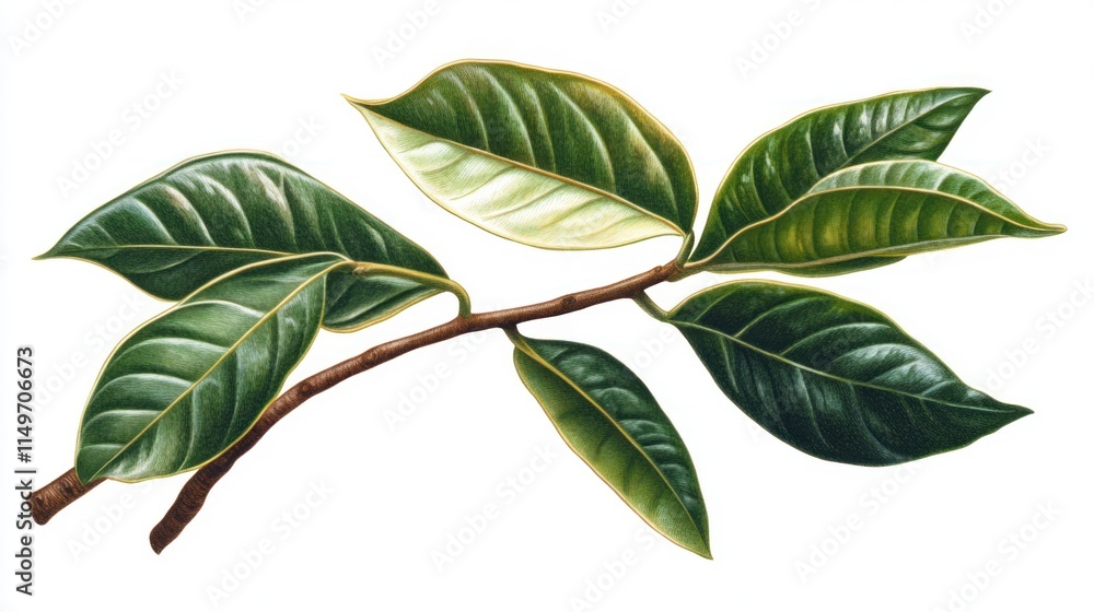 Naklejka premium Detailed illustration of a plant branch with leaves, displaying various shades of green and a hint of cream.