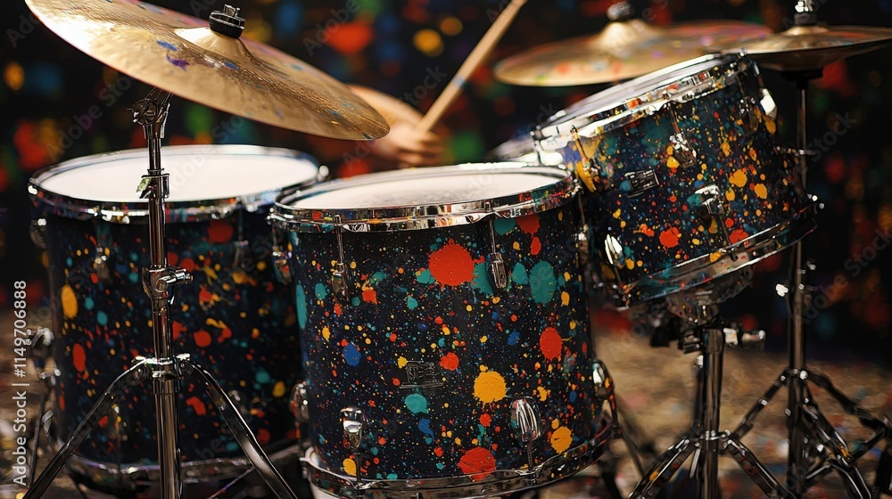 Obraz premium Colorful drum set with vibrant splatter design being played in a lively setting
