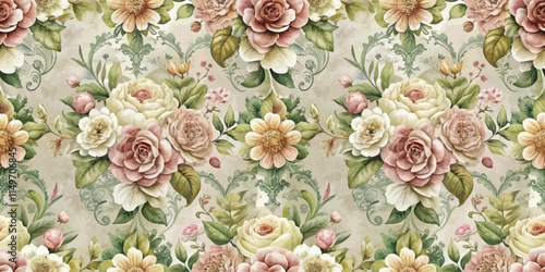 Elegant floral wallpaper design featuring soft pastel roses and wildflowers.