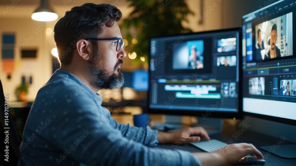 A focused man edits videos on dual monitors in a creative workspace, showcasing modern technology and digital content creation. A focused man edits videos on dual monitors in a creative workspace, showcasing modern technology and digital content creation.