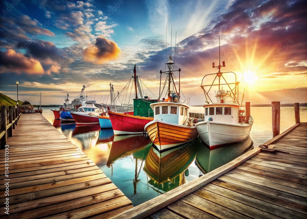Fototapeta premium Sturdy Fishing Boats at Dock, Ready for the Open Sea