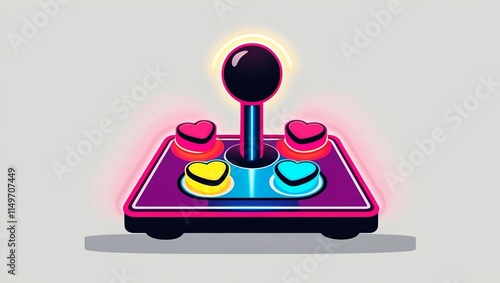 A vibrant, retro-style arcade joystick with colorful buttons and a glowing effect. photo