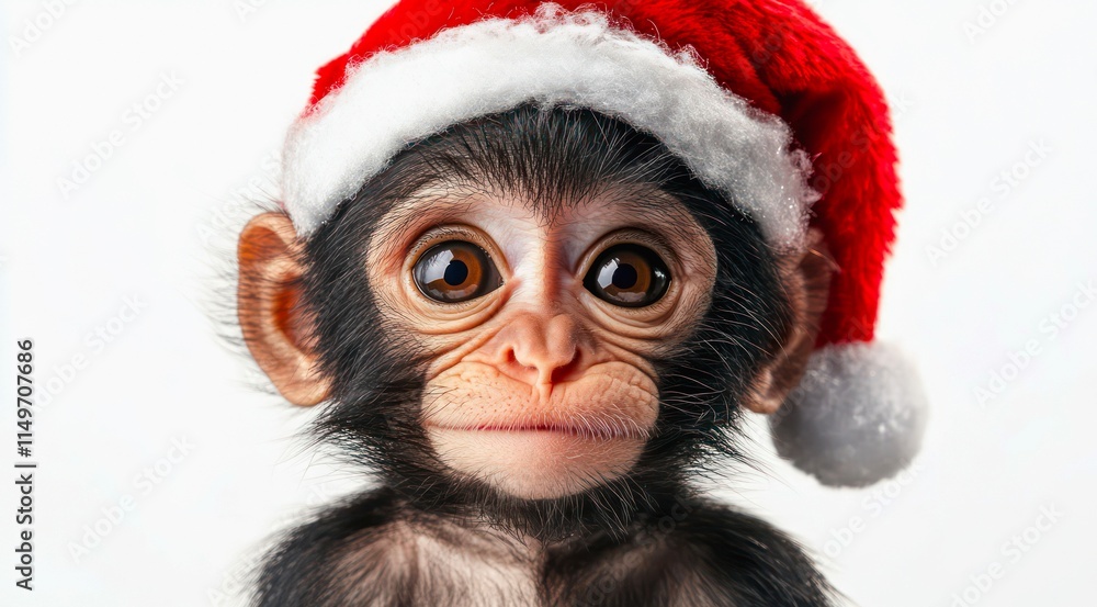 Cute brown monkey in Santa Claus red hat on white background. Cute brown monkey in Santa Claus red hat on white background.