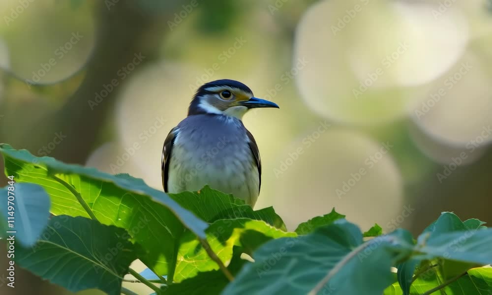 Sparrow bird on a green leaves spring or summer sunny season tree branch outdoors or outside nature photography. Forest wildlife, park or garden Sparrow bird on a green leaves spring or summer sunny season tree branch outdoors or outside nature photography. Forest wildlife, park or garden