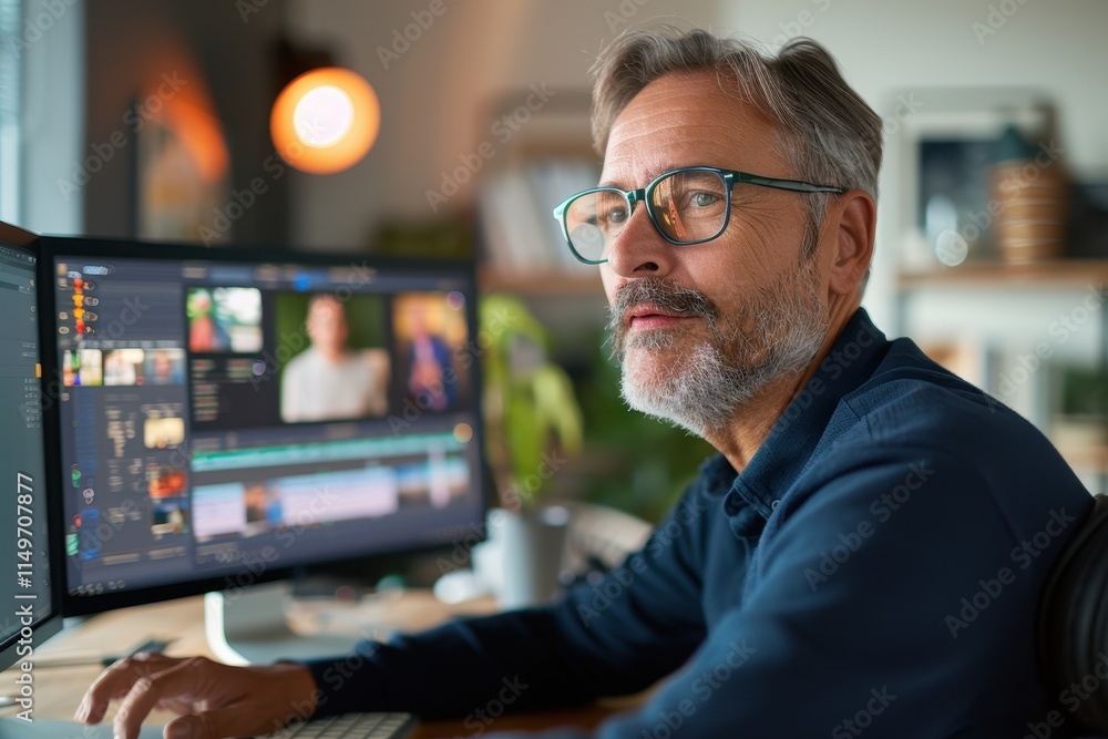 A focused older man edits video content on a computer, surrounded by a modern workspace filled with plants and soft lighting. A focused older man edits video content on a computer, surrounded by a modern workspace filled with plants and soft lighting.