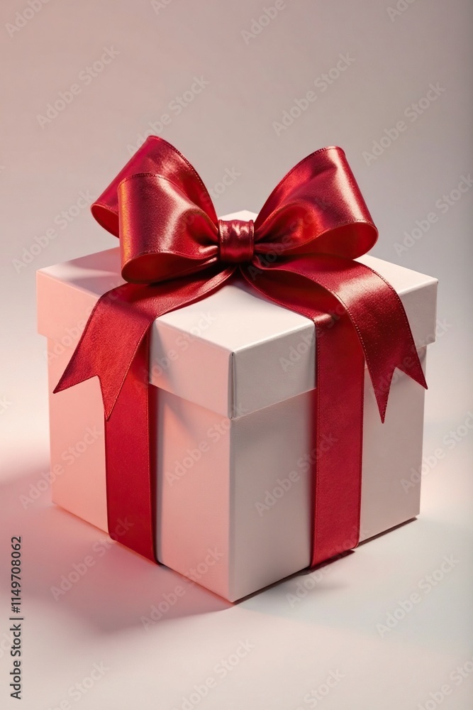 Fototapeta premium Box with shiny red bow made of metallic material, ribbon, decoration, holiday