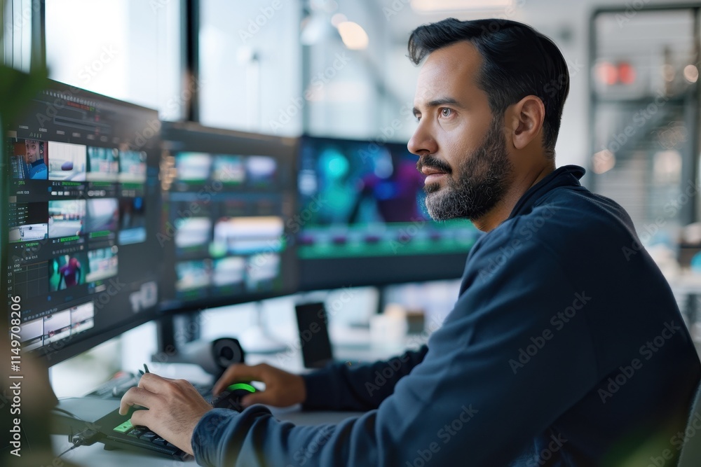 A focused man edits video content on multiple screens in a modern workspace, showcasing technology and creativity. A focused man edits video content on multiple screens in a modern workspace, showcasing technology and creativity.