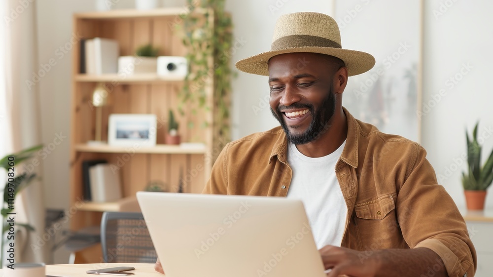 A smiling man in casual attire sits at a laptop in a cozy, plant-filled room, exuding a relaxed and productive vibe.