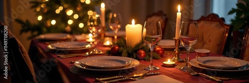 Candlelit Christmas table with brass instruments, festive, cozy, holiday