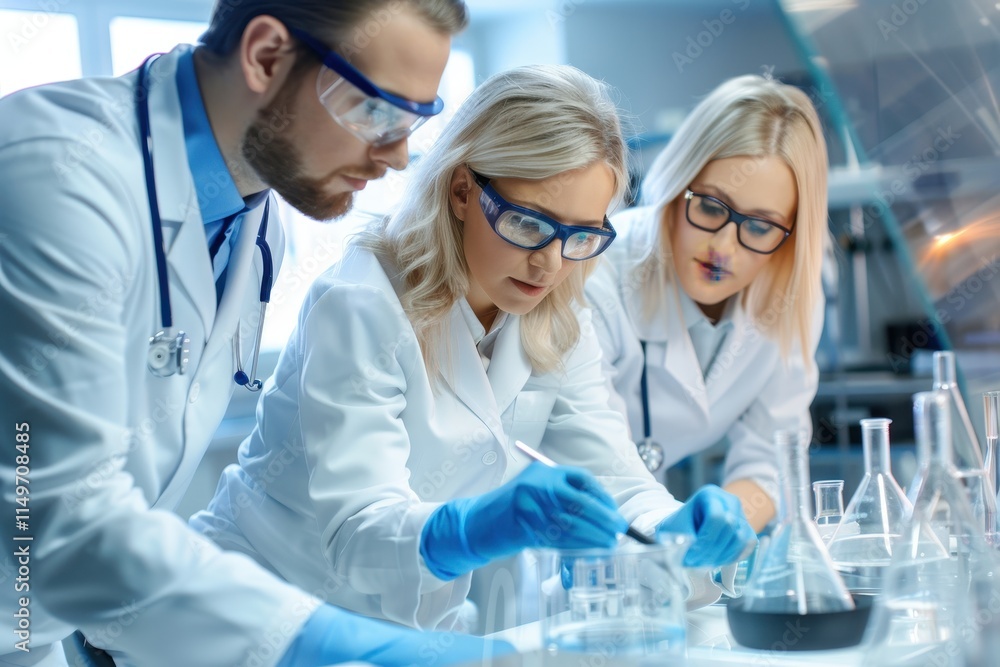 A group of scientists collaborates in a lab, wearing white coats and gloves, focused on experiments with glassware and scientific equipment. A group of scientists collaborates in a lab, wearing white coats and gloves, focused on experiments with glassware and scientific equipment.