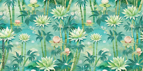 Vibrant tropical foliage and lotus flowers in soothing greens and pastels.