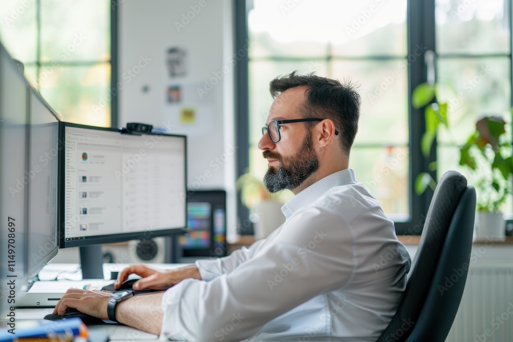 Fototapeta premium A man with glasses and a beard is working at a desk with two monitors, focused on his tasks in a bright, modern workspace.