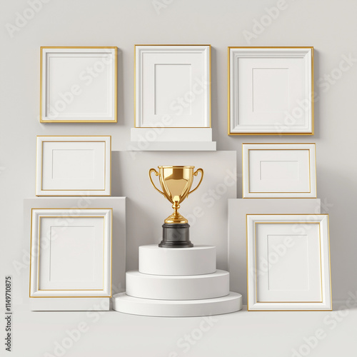 White Photo Frames with Gold Edges and Gold Trophy on Podiums - Soft Lighting, High Resolution
