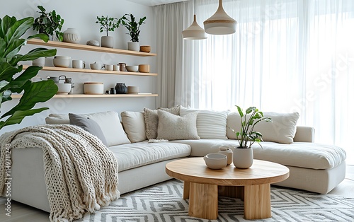 Modern minimalist living room with beige sectional sofa, wooden coffee table, and plants on shelves.