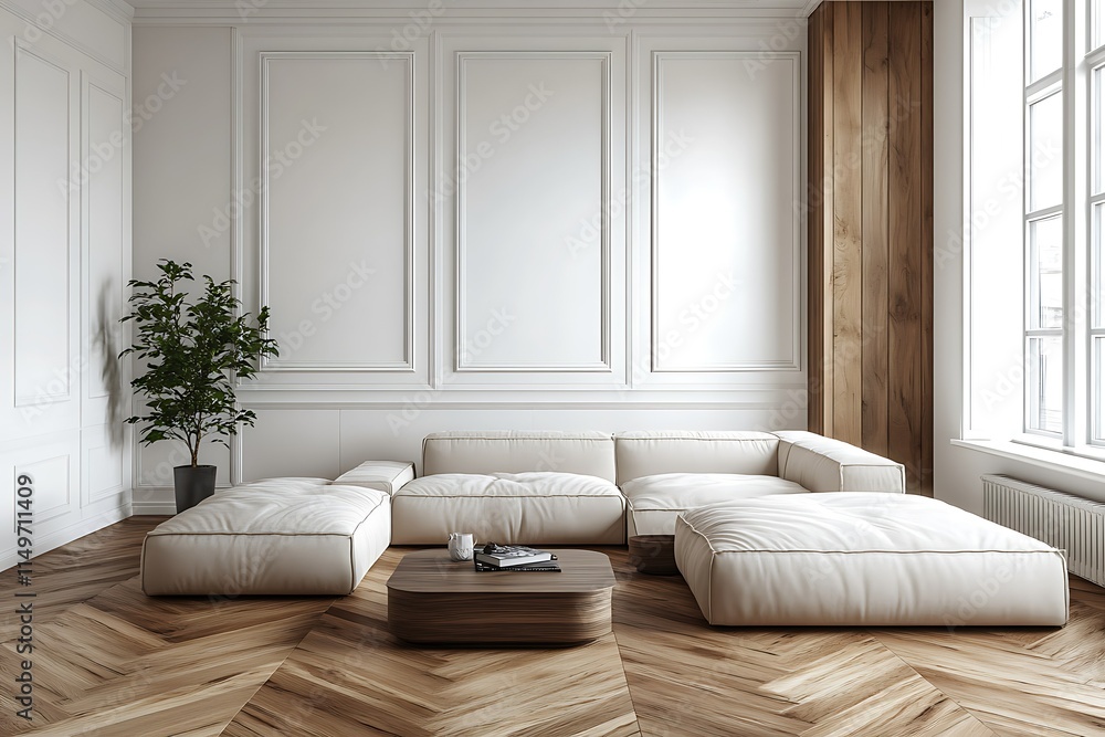 Modern minimalist living room with beige sectional sofa, wooden coffee table, herringbone wood floors, and large windows. Modern minimalist living room with beige sectional sofa, wooden coffee table, herringbone wood floors, and large windows.