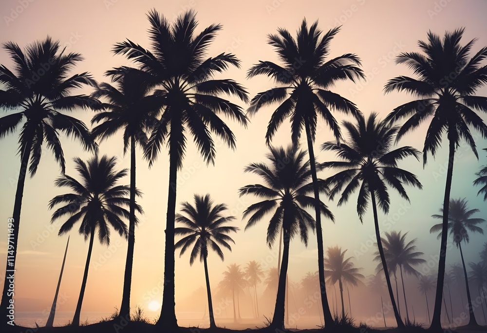 Silhouettes of palm trees against a light background, creating a tropical, beach-like atmosphere Silhouettes of palm trees against a light background, creating a tropical, beach-like atmosphere
