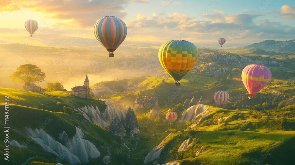 Fototapeta premium Colorful hot air balloons soar over a picturesque valley at sunrise, casting a magical glow on the landscape.