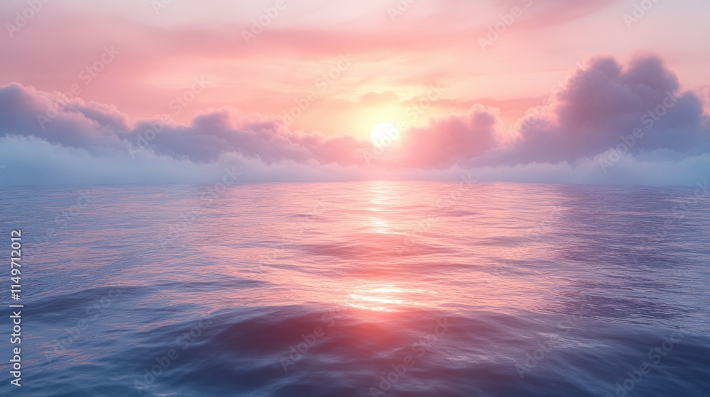 Serene sunset over calm ocean; pink and orange hues reflected on water surface. Serene sunset over calm ocean; pink and orange hues reflected on water surface.