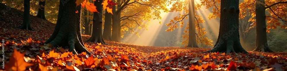 A blanket of rustling leaves covers the ground in a dense thicket of deciduous trees, foliage pattern, autumn colors, autumn forest A blanket of rustling leaves covers the ground in a dense thicket of deciduous trees, foliage pattern, autumn colors, autumn forest