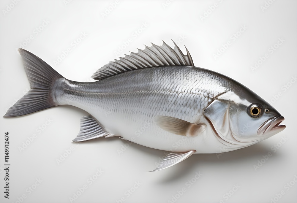 A whole fish with a streamlined body, featuring a silver-gray coloration on its sides and a darker back. The fish has a prominent eye and a slightly forked tail. The background is plain white, emphasi A whole fish with a streamlined body, featuring a silver-gray coloration on its sides and a darker back. The fish has a prominent eye and a slightly forked tail. The background is plain white, emphasi