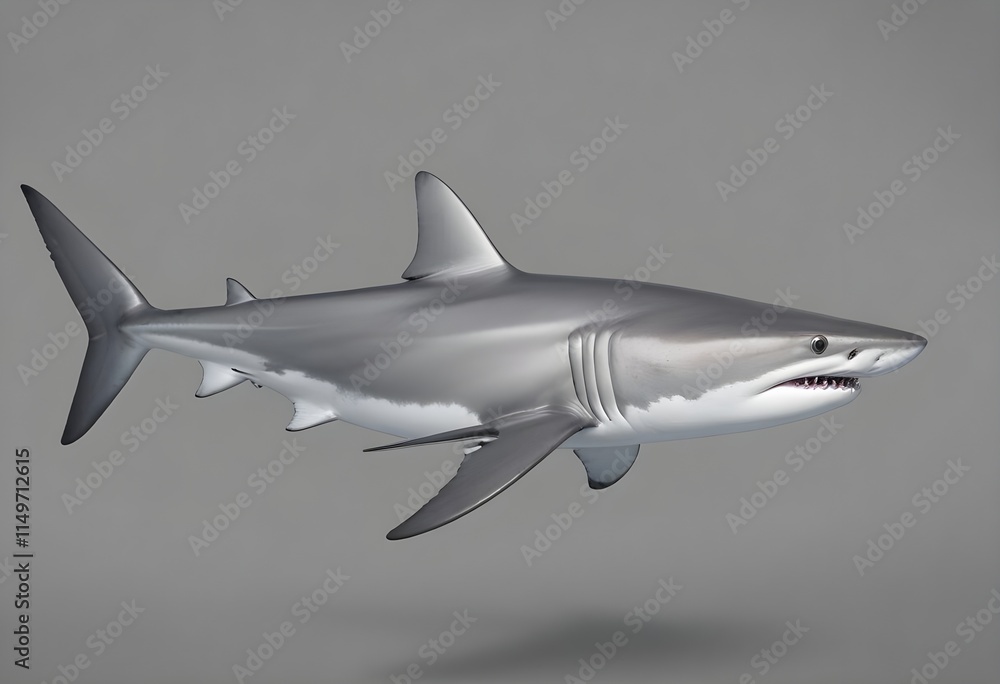 Fototapeta premium A whole shark with a streamlined body, featuring a silver-gray coloration on its sides and a darker back. The fish has a prominent eye and a slightly forked tail. The background is plain white , empha