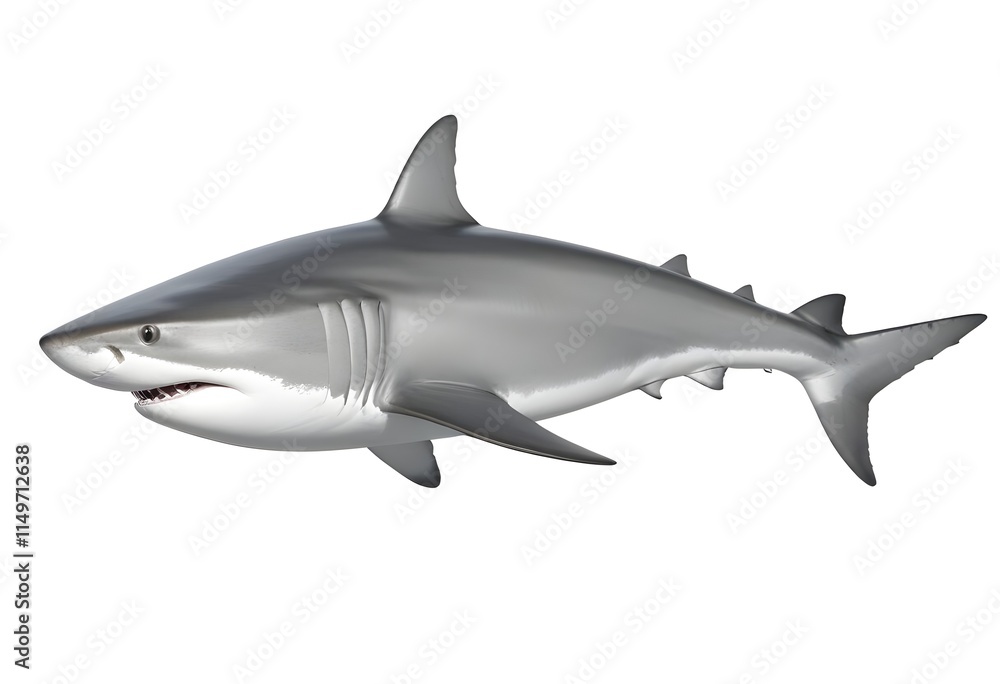Obraz premium A whole shark with a streamlined body, featuring a silver-gray coloration on its sides and a darker back. The fish has a prominent eye and a slightly forked tail. The background is plain white , empha
