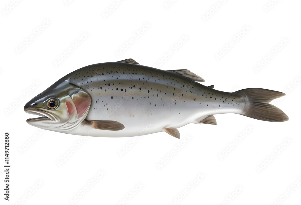 Obraz premium A whole trout with a streamlined body, featuring a silver-gray coloration on its sides and a darker back. The fish has a prominent eye and a slightly forked tail. The background is plain white , empha